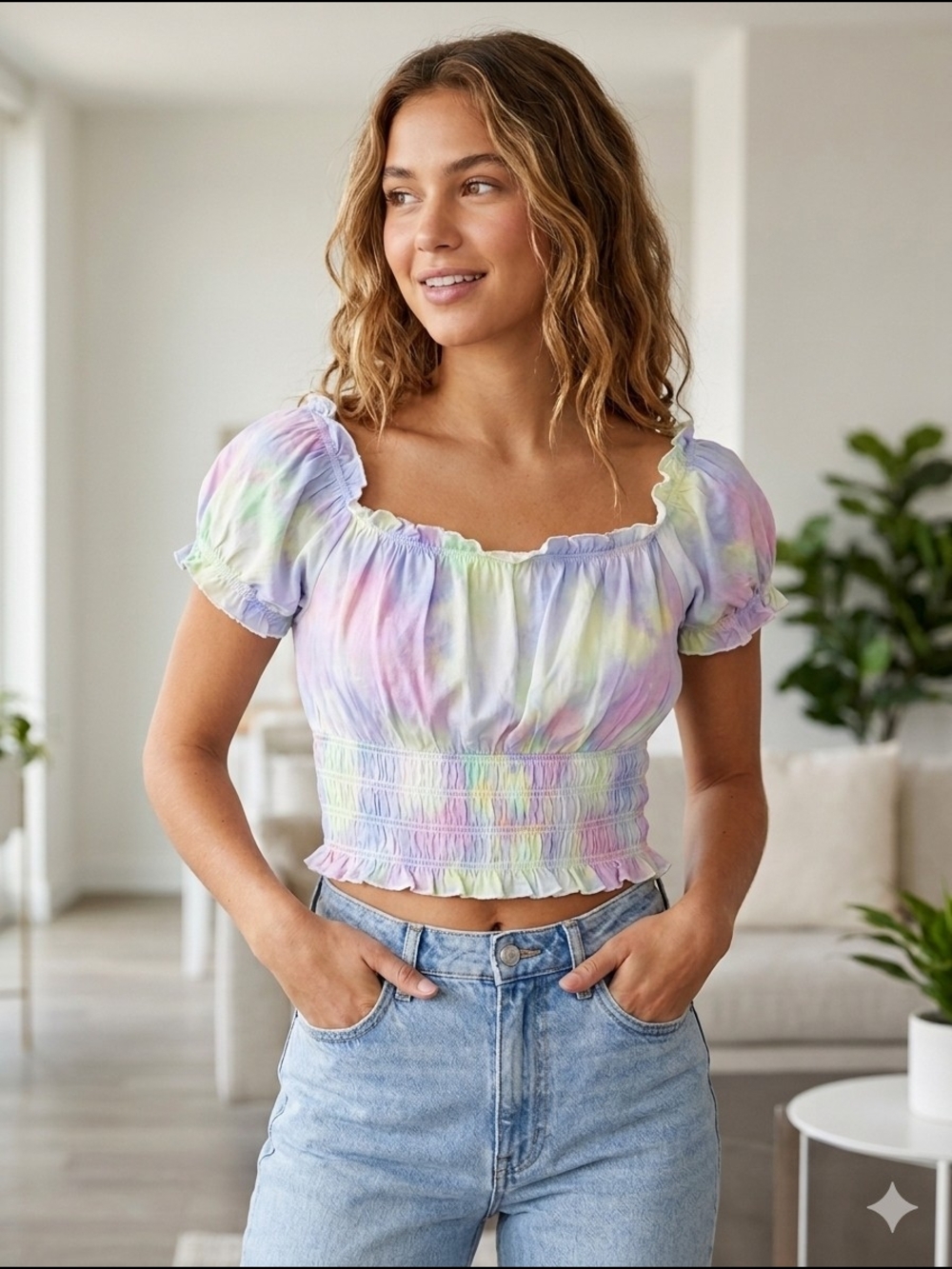 Nwt Abound Pastel Tie-Dye Smocked Square-Neck‎ Top - Women Size Medium Rainbow